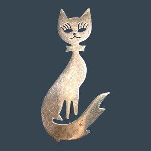 Vtg Sterling Silver Cat Brooch Pin 925 Taxco Mexico Boho Chic Bow Tie Eyelashes